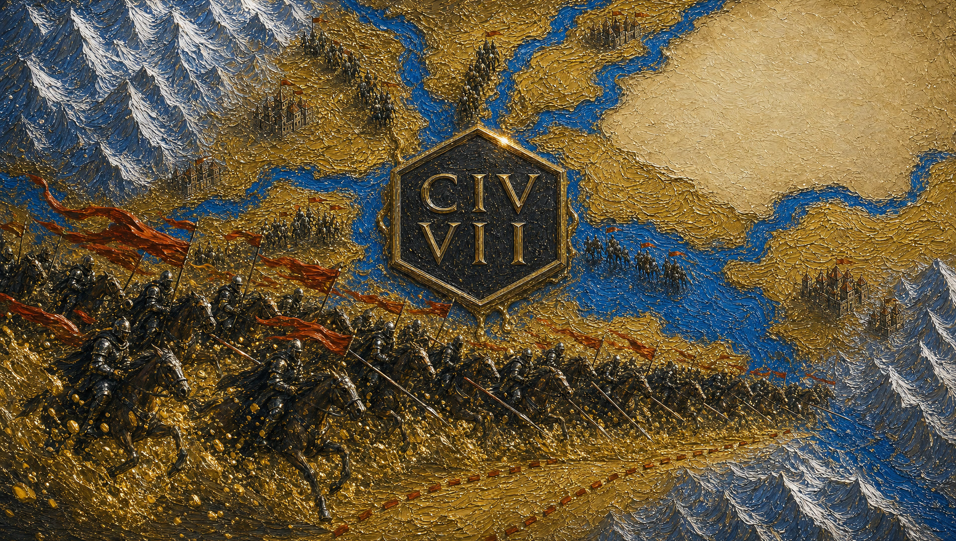 The cavalry stampede pouring past the CIV VII seal, gold splashing off the hooves