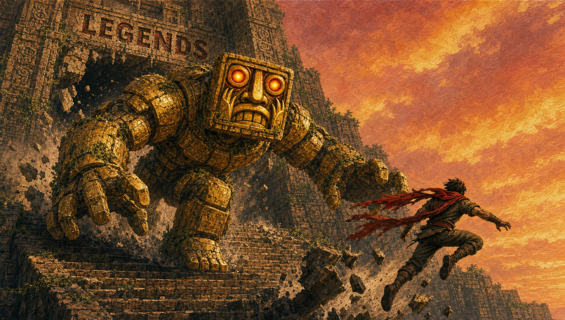 The complete gold guardian tearing out of the temple mid-stride, LEGENDS cracked above