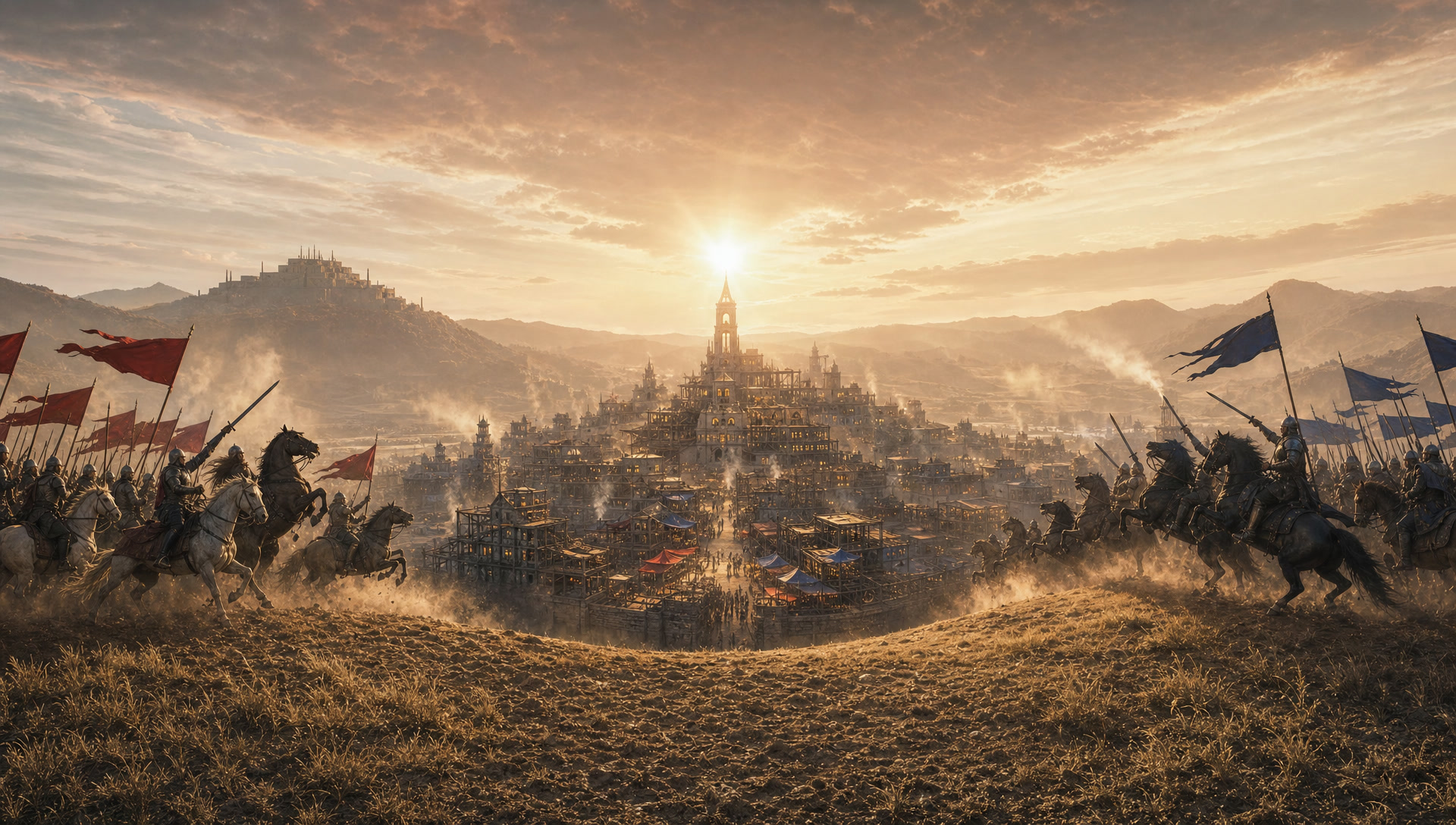 Dawn over a completed city, two cavalry lines at its edges