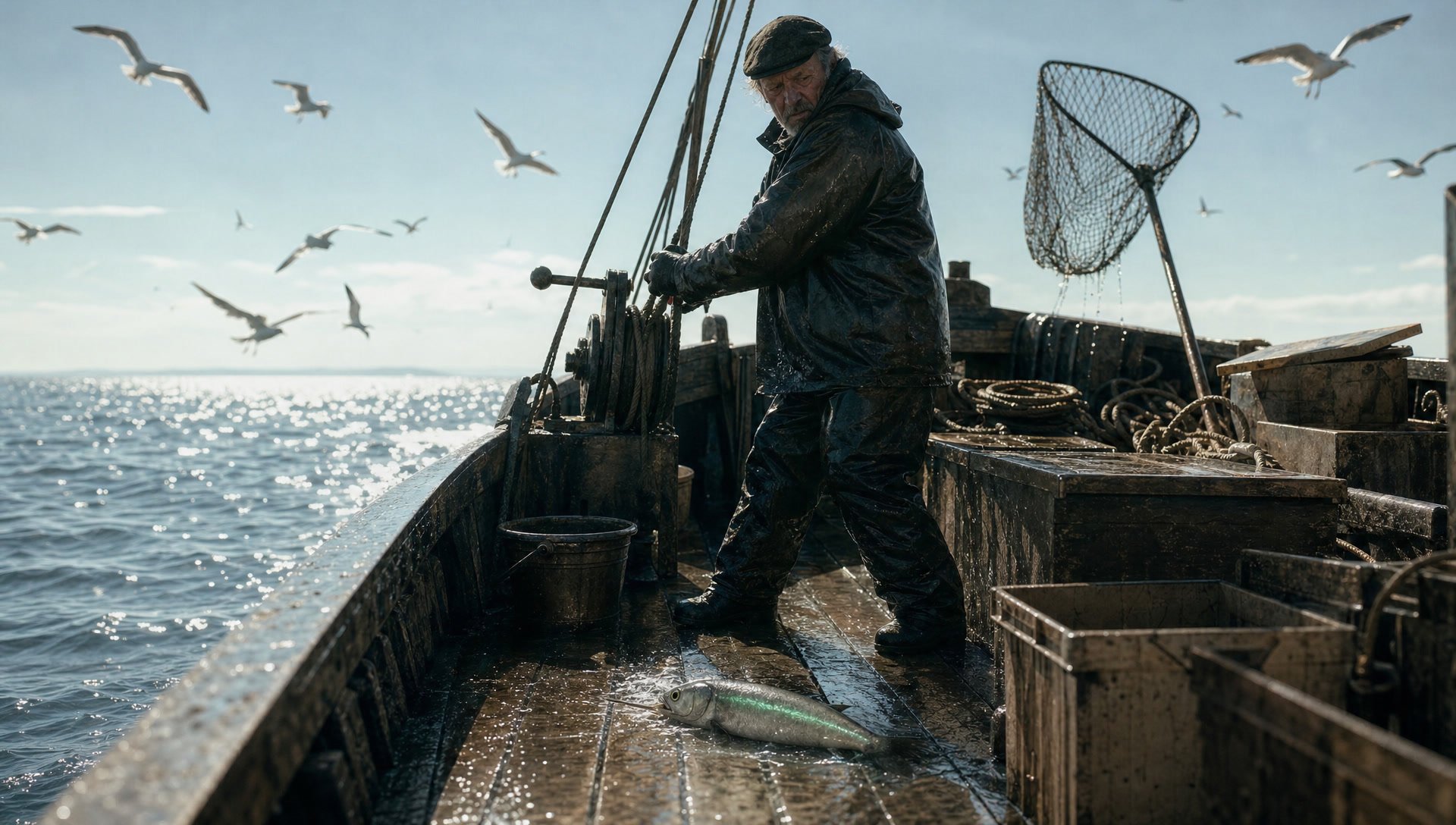 The catch back on deck in a fresh splash, his flat disbelief