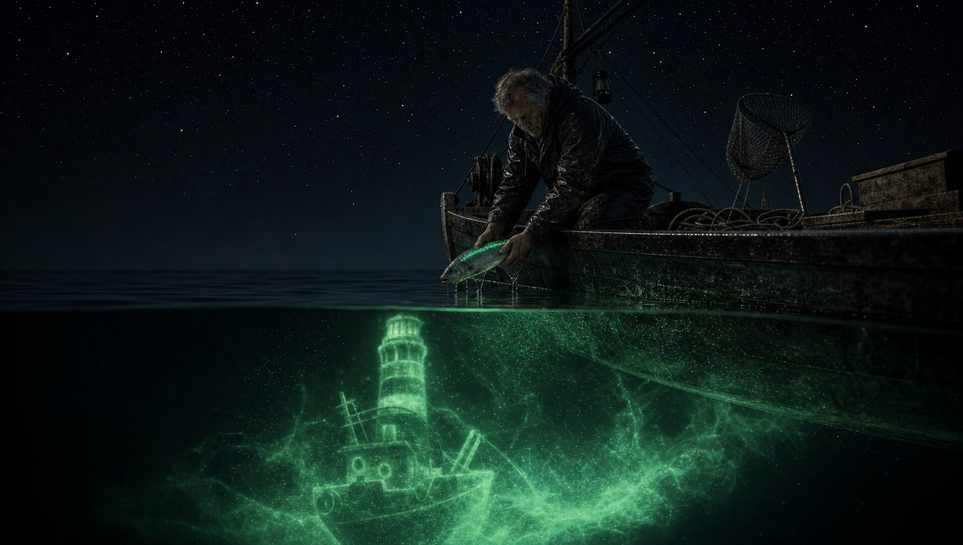 The night trench, the catch lowered by hand, the deep answering in green light