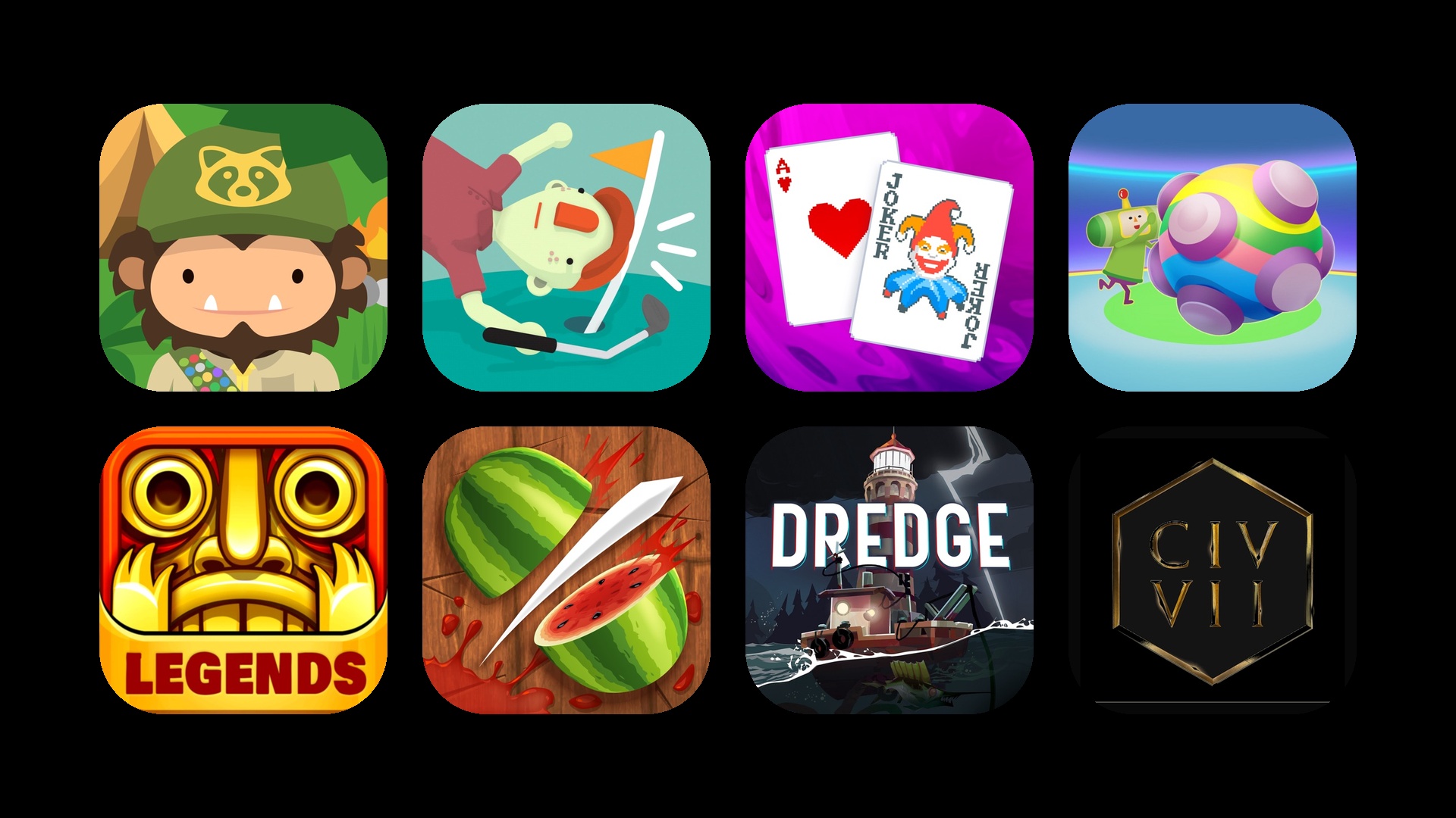 The catalog's official app icons in one wall, the CIV VII hexagon on black