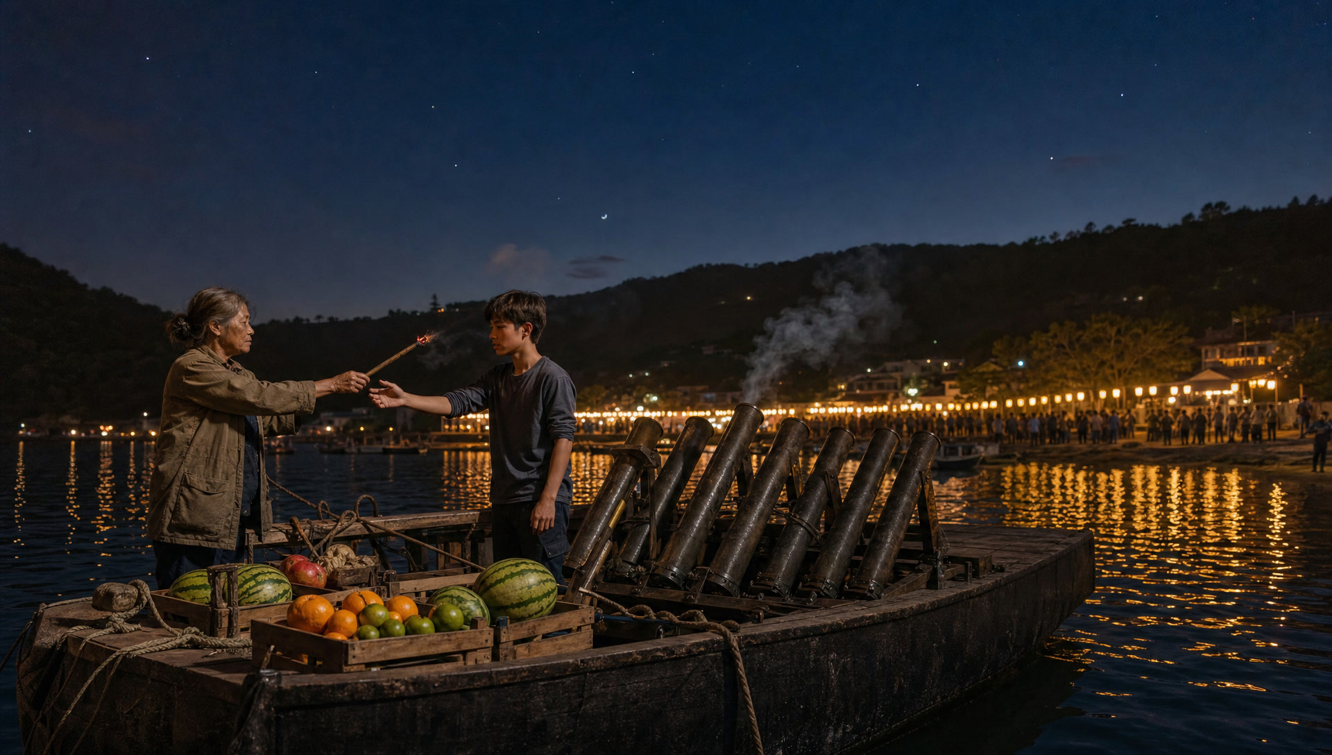 The dusk handoff on the mortar barge, the punk stick passed, the lantern shore across the water