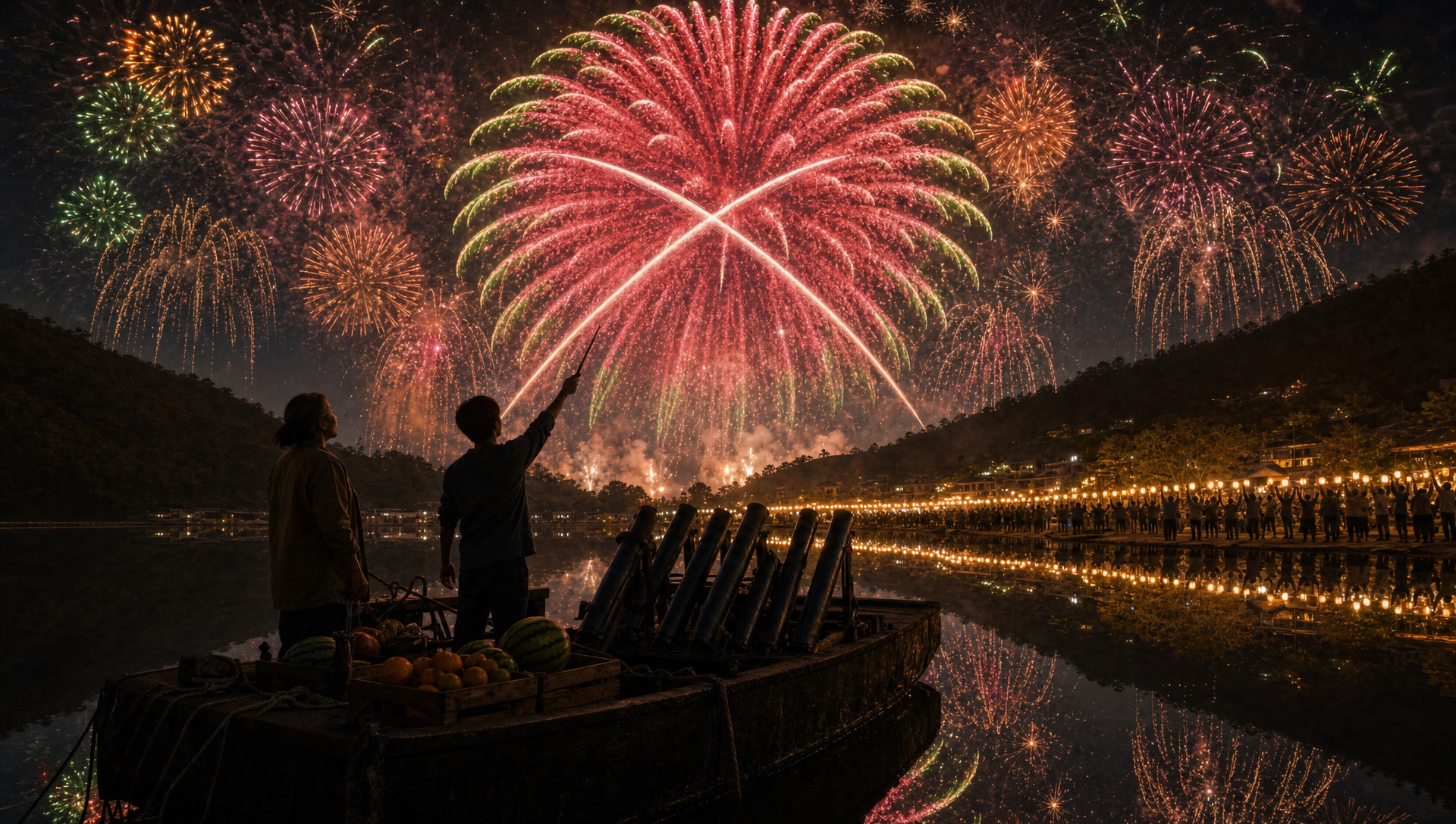 The grand watermelon chrysanthemum over the bay, the display doubled in the water, the shore roaring