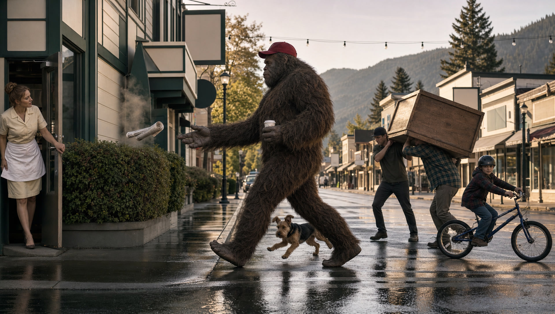 The 7:58 main street, the sasquatch mid-stride, the newspaper mid-arc
