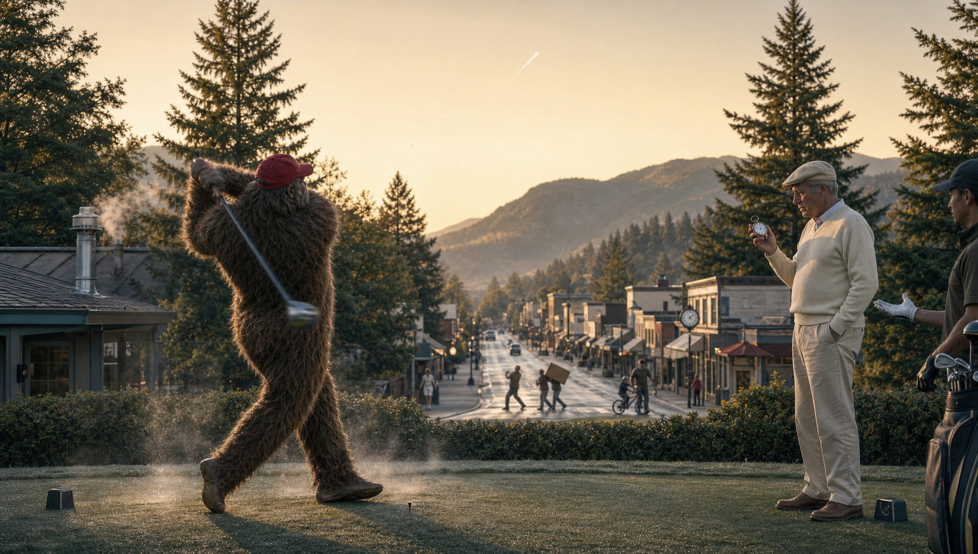 The follow-through on the first tee, the ball streak in the dawn sky, the town beyond the hedge