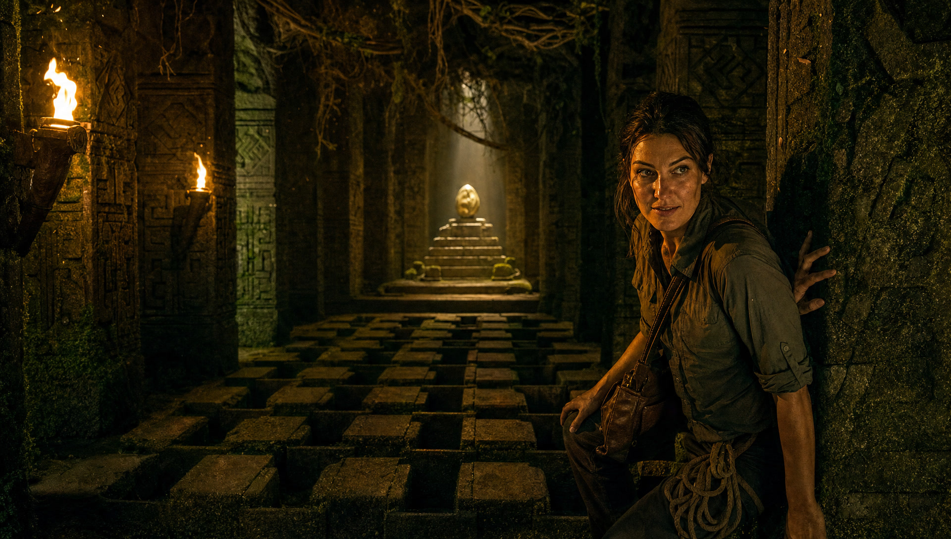 The torchlit chamber, the idol in its light shaft, the trapped floor